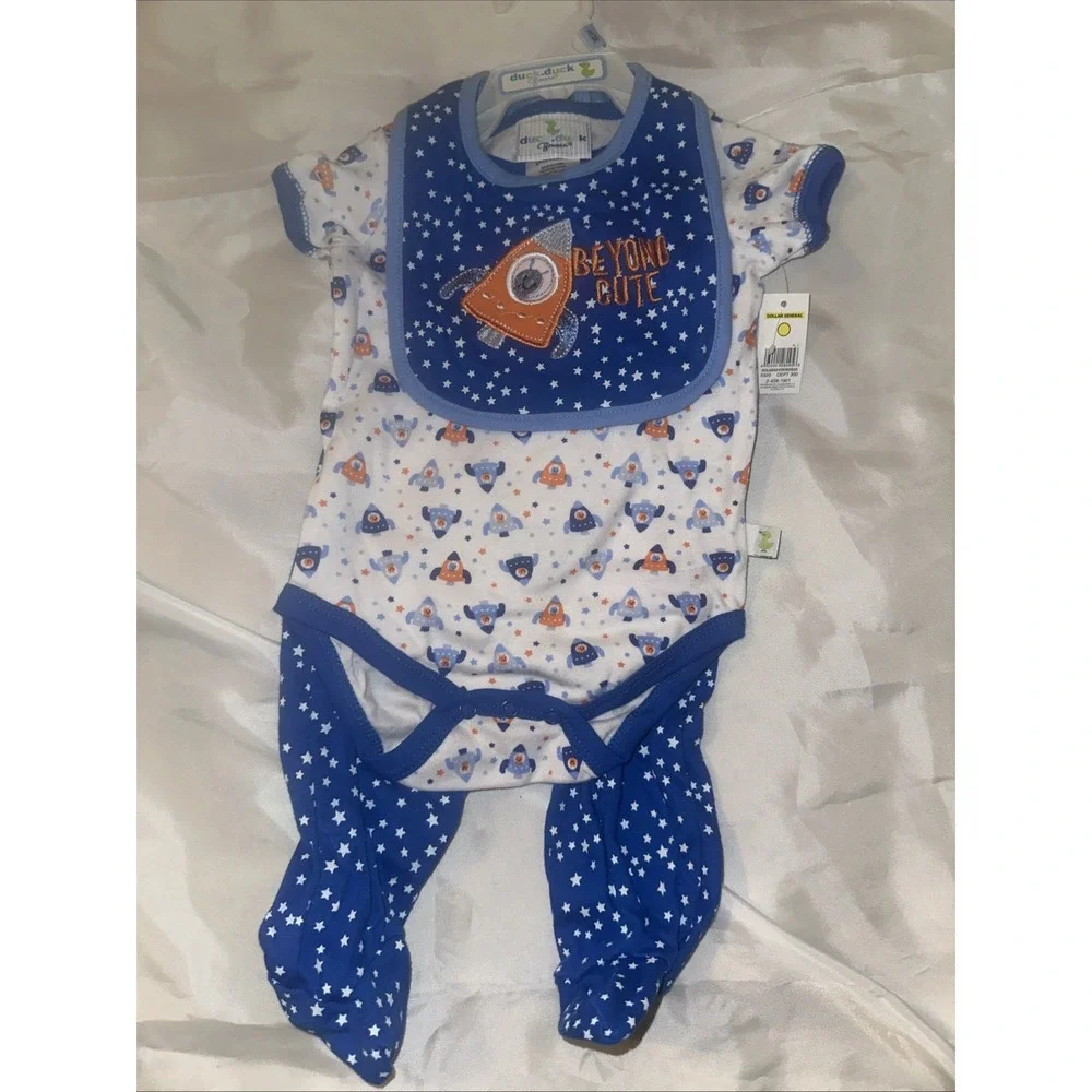 Duck Duck Goose Baby Boys 3pc Rocket Ship Set Bodysuit Pants Bib 6-9M Blue New